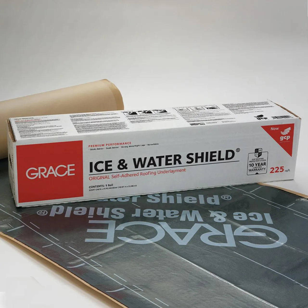 A Go Build 36 in. x 75 ft. (225 sq. ft.) Ice & Water Shield Self-Adhered Roofing Underlayment box sits by a partially unrolled sheet and brown backing paper, with a 10-year warranty badge highlighting trusted leak protection.